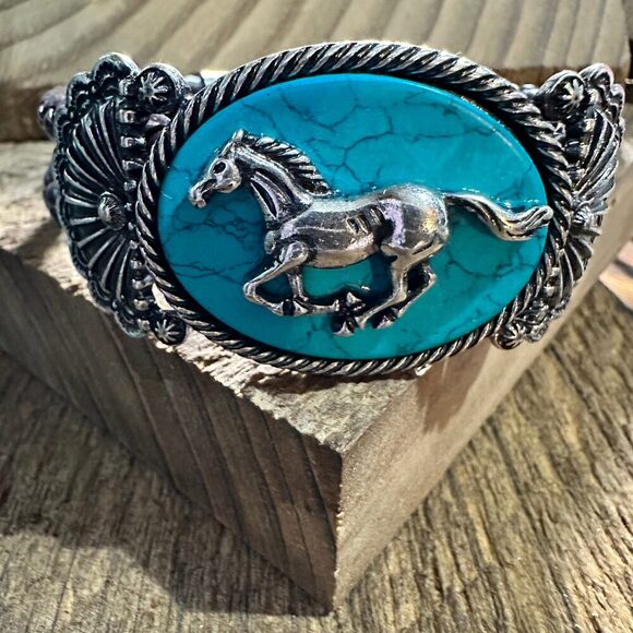 Horse‎ Turquoise Stone Western Leather Open Bangle Bracelet - Picture 6 of 8